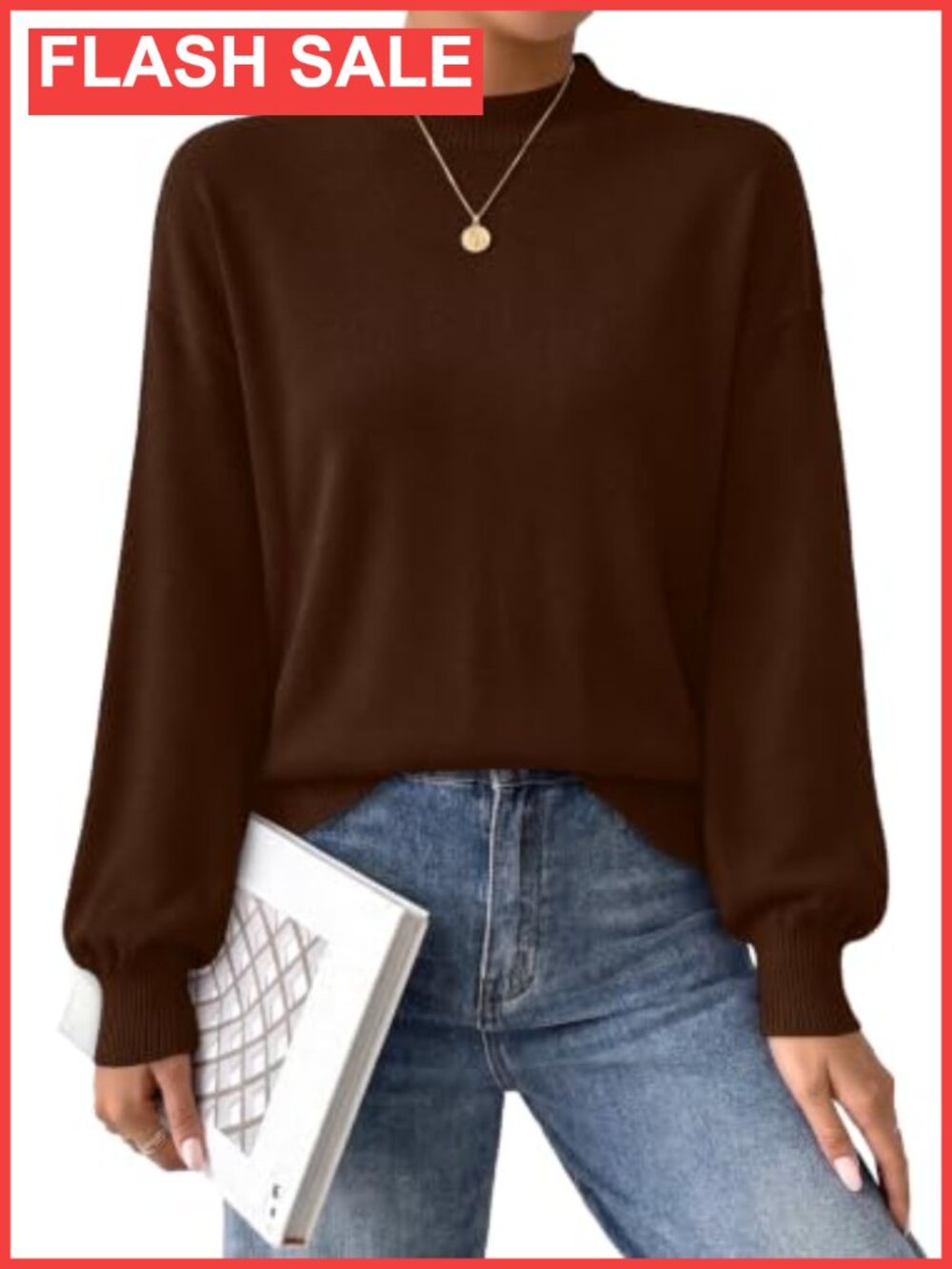 Mock Neck Lightweight Pullover Sweater Puff Sleeve Fall Winter Casual